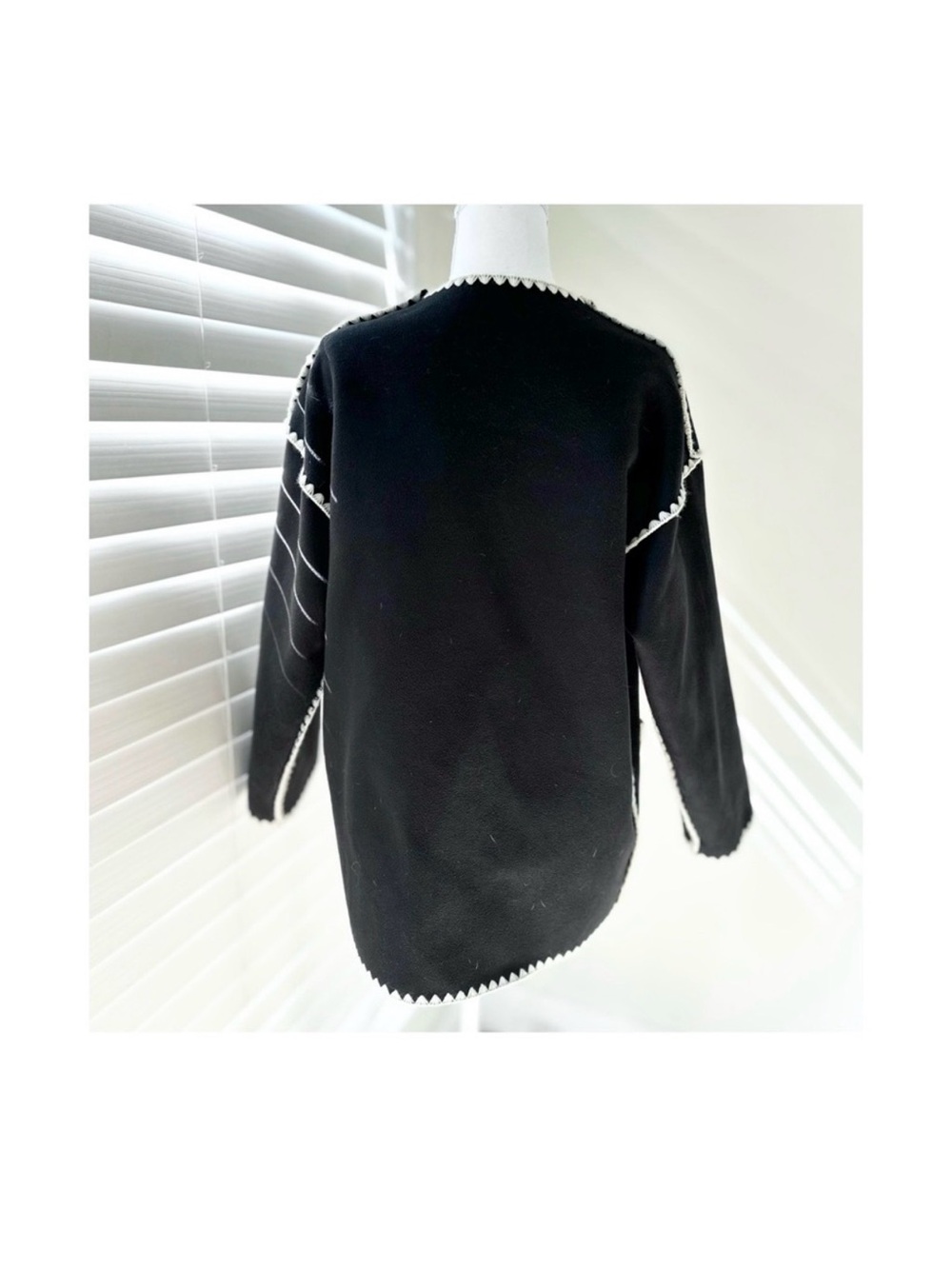 Commense Black Pea Coat with White Trim and Fringe - Picture 5 of 7